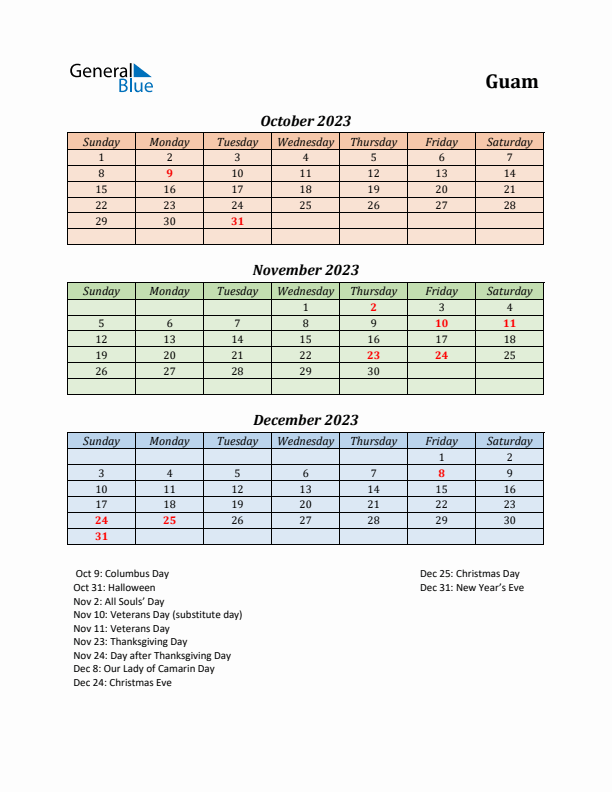 Q4 2023 Holiday Calendar - Guam