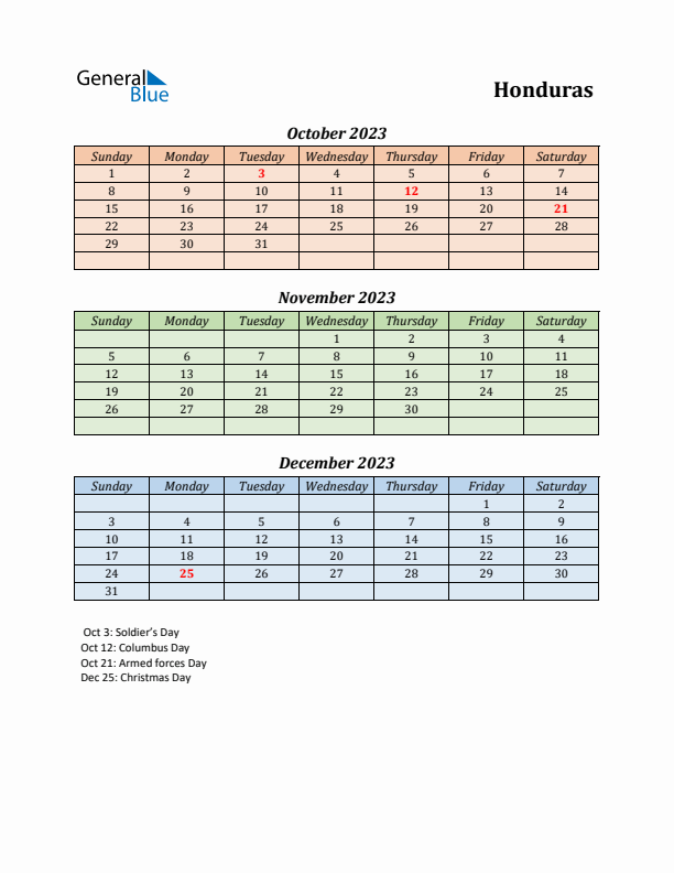 Q4 2023 Holiday Calendar - Honduras