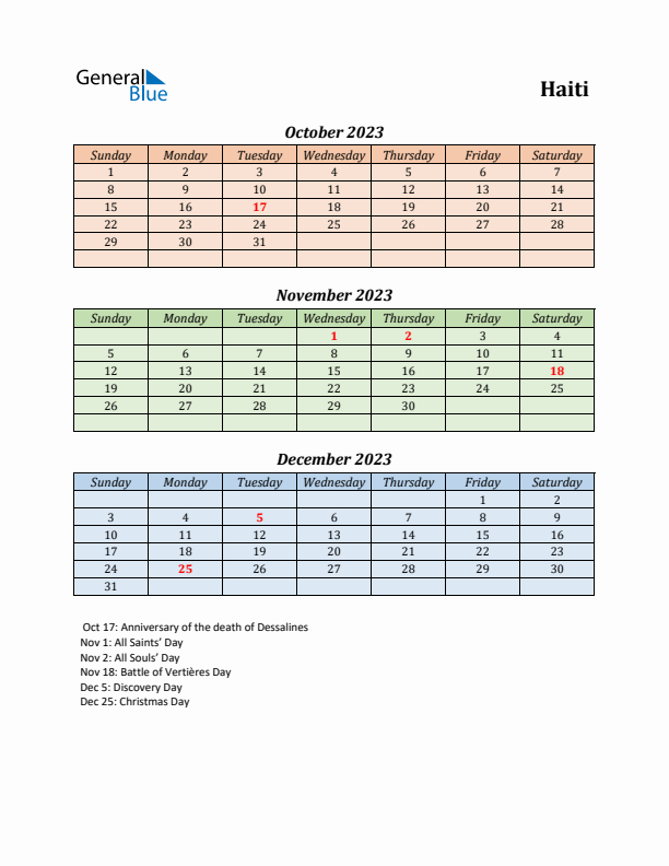 Q4 2023 Holiday Calendar - Haiti