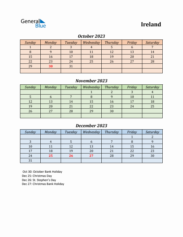 Q4 2023 Holiday Calendar - Ireland