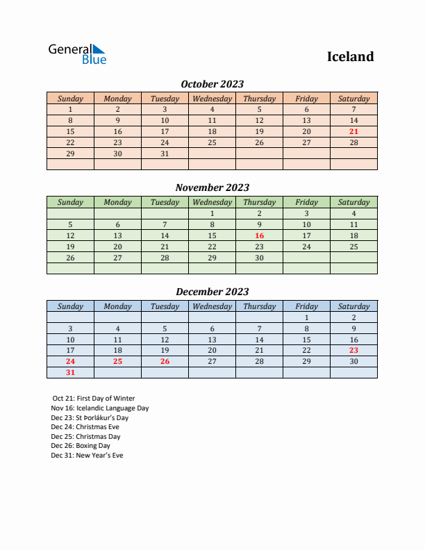 Q4 2023 Holiday Calendar - Iceland