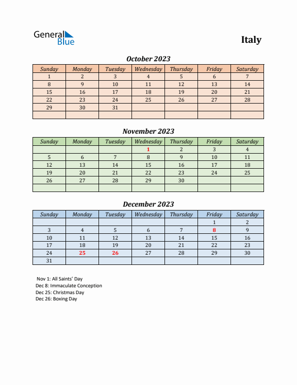 Q4 2023 Holiday Calendar - Italy