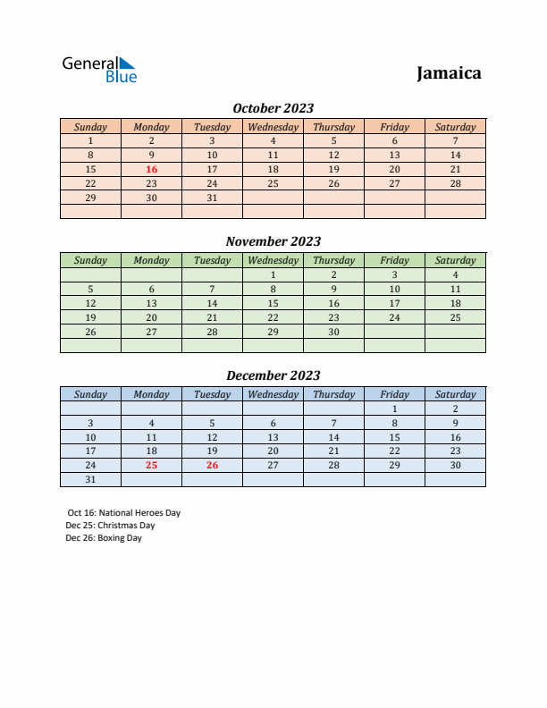 Q4 2023 Holiday Calendar - Jamaica