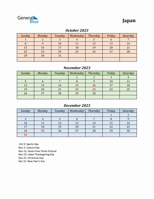 Q4 2023 Holiday Calendar - Japan