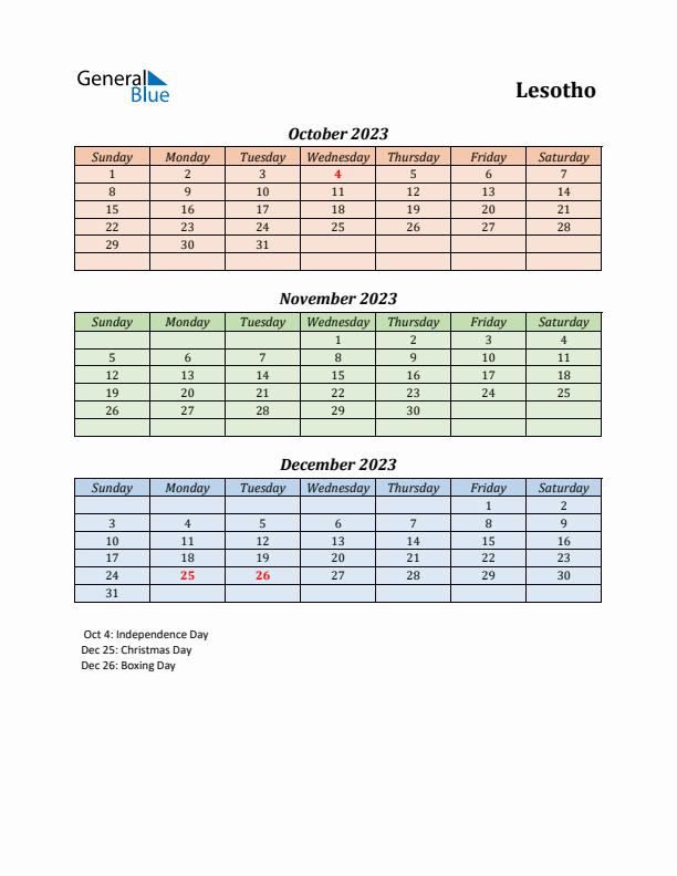 Q4 2023 Holiday Calendar - Lesotho