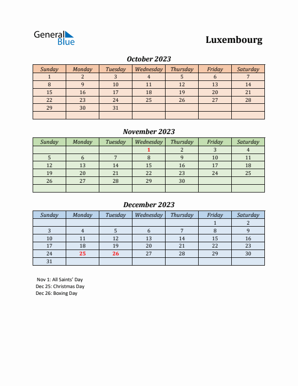 Q4 2023 Holiday Calendar - Luxembourg