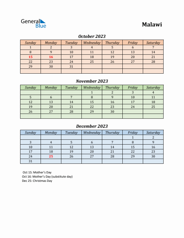 Q4 2023 Holiday Calendar - Malawi