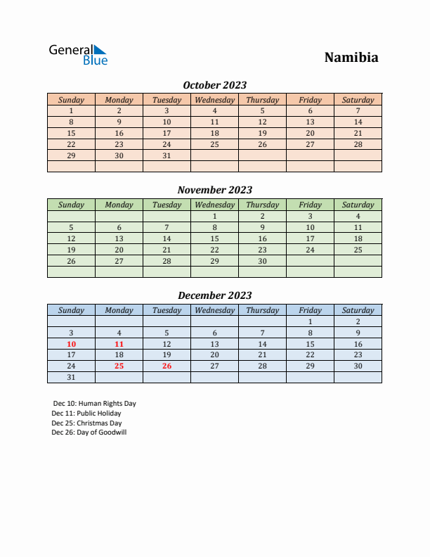 Q4 2023 Holiday Calendar - Namibia