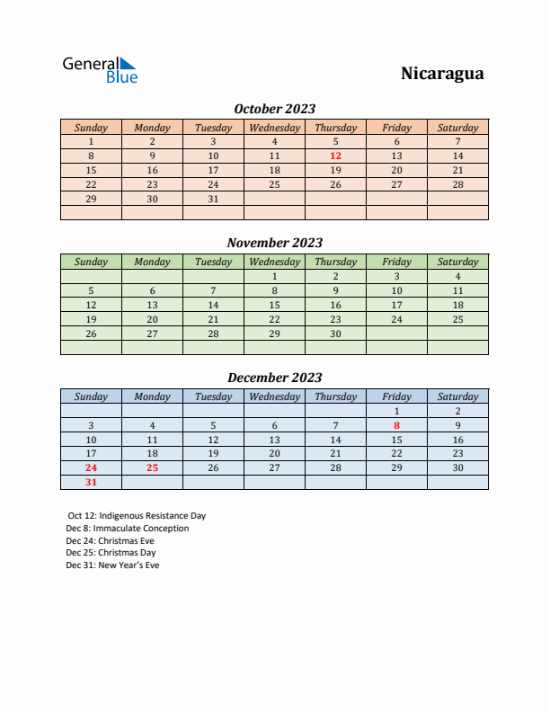 Q4 2023 Holiday Calendar - Nicaragua