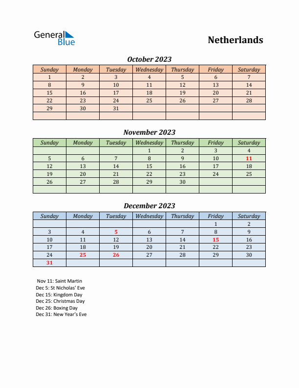 Q4 2023 Holiday Calendar - The Netherlands