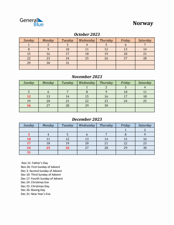 Q4 2023 Holiday Calendar - Norway