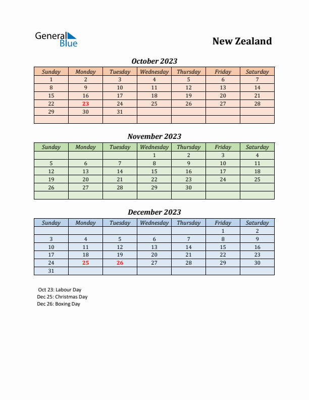 Q4 2023 Holiday Calendar - New Zealand