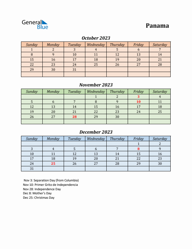 Q4 2023 Holiday Calendar - Panama