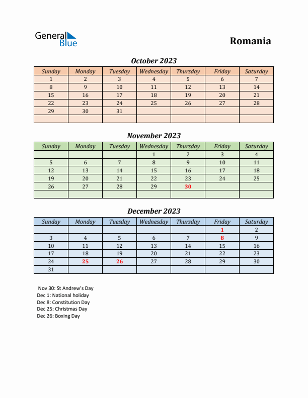 Q4 2023 Holiday Calendar - Romania