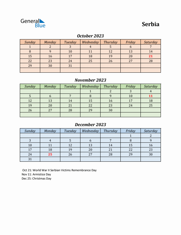 Q4 2023 Holiday Calendar - Serbia