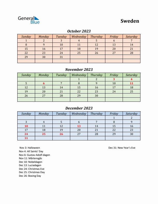 Q4 2023 Holiday Calendar - Sweden