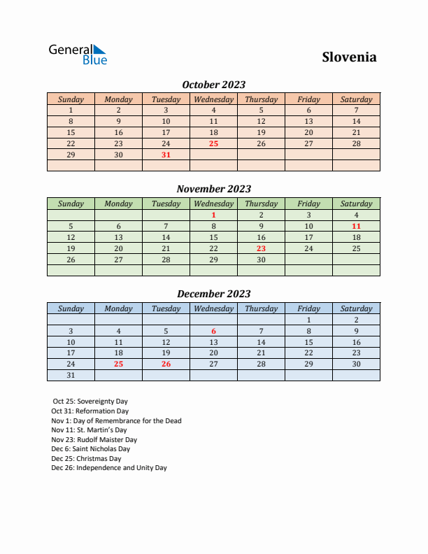 Q4 2023 Holiday Calendar - Slovenia