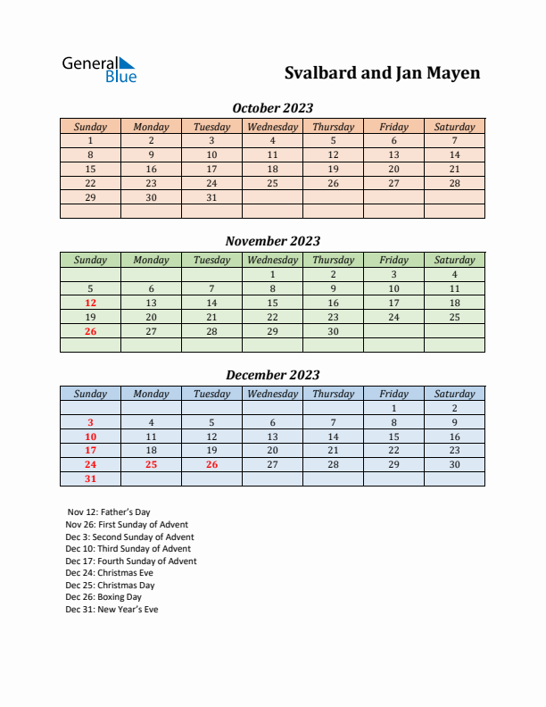 Q4 2023 Holiday Calendar - Svalbard and Jan Mayen