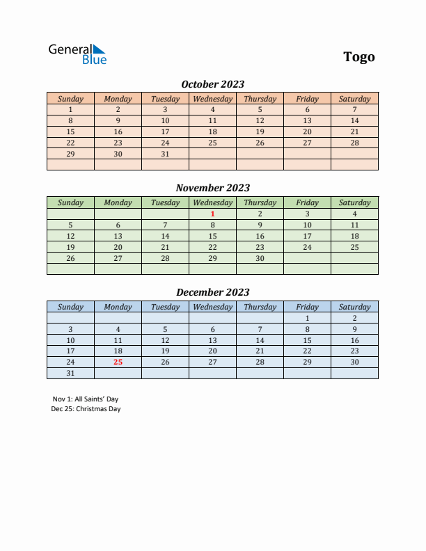 Q4 2023 Holiday Calendar - Togo