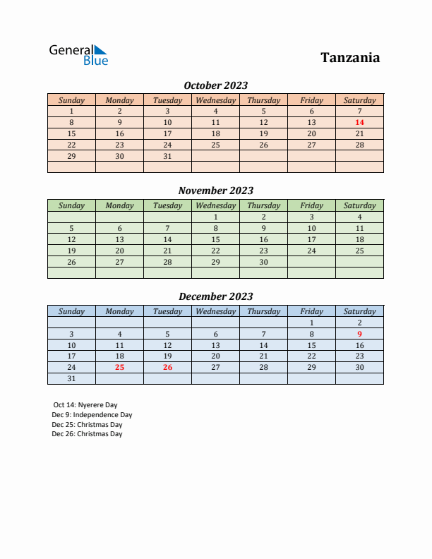 Q4 2023 Holiday Calendar - Tanzania