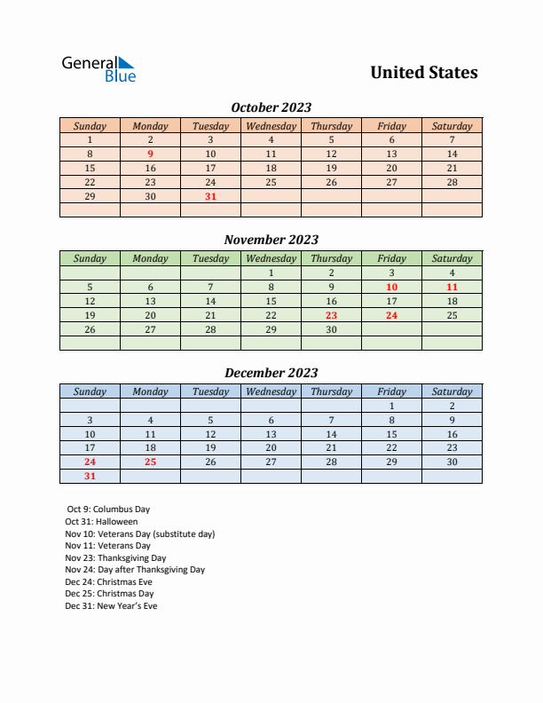 Q4 2023 Holiday Calendar - United States