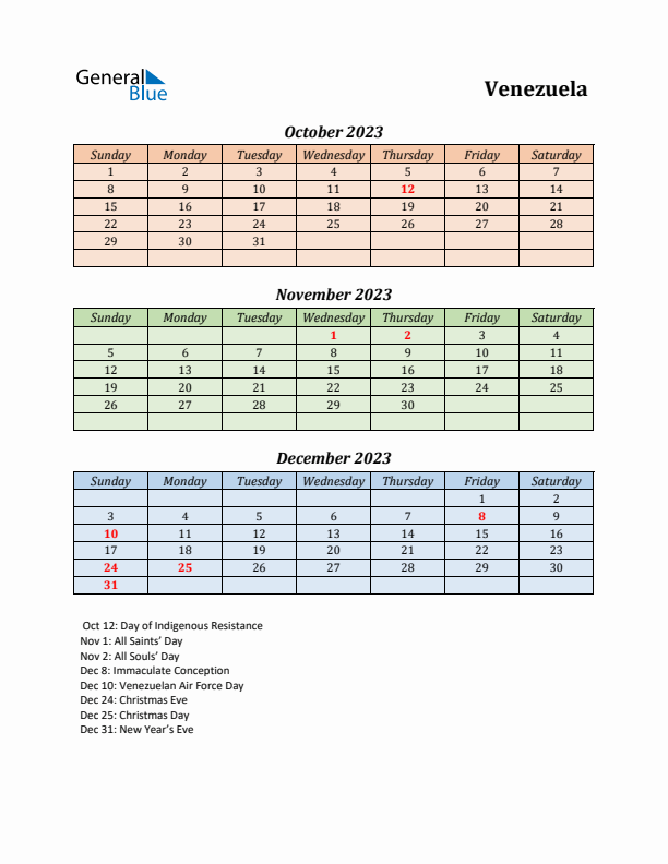 Q4 2023 Holiday Calendar - Venezuela