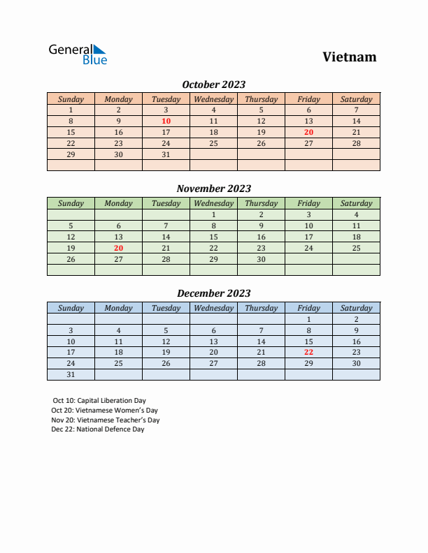 Q4 2023 Holiday Calendar - Vietnam