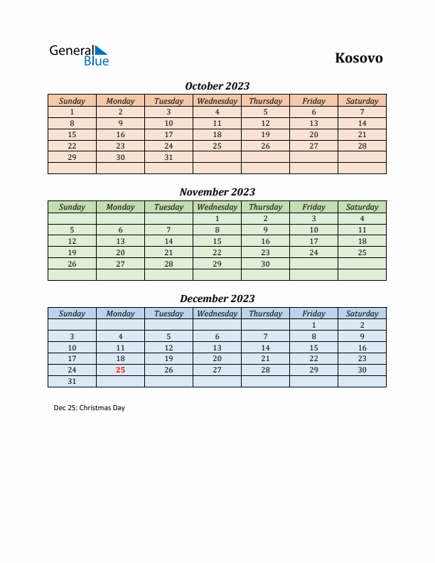 Q4 2023 Holiday Calendar - Kosovo