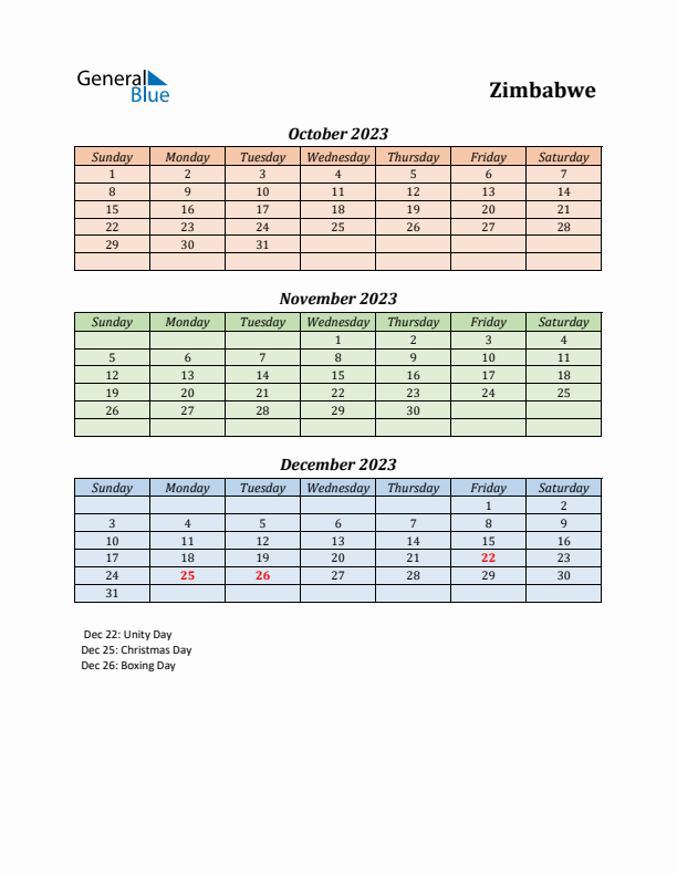 Q4 2023 Holiday Calendar - Zimbabwe