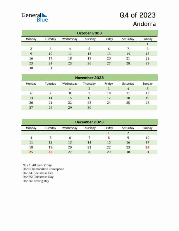 Quarterly Calendar 2023 with Andorra Holidays