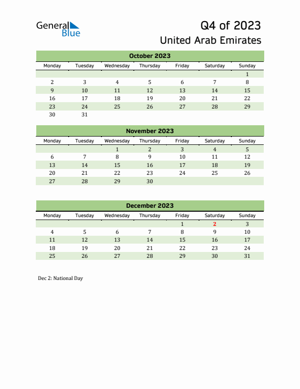 Quarterly Calendar 2023 with United Arab Emirates Holidays