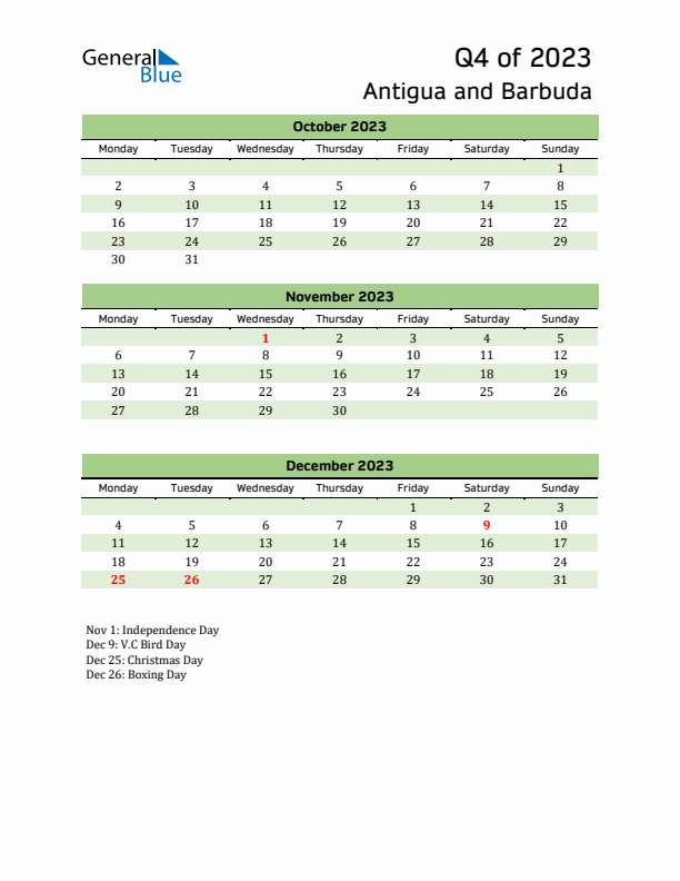 Quarterly Calendar 2023 with Antigua and Barbuda Holidays