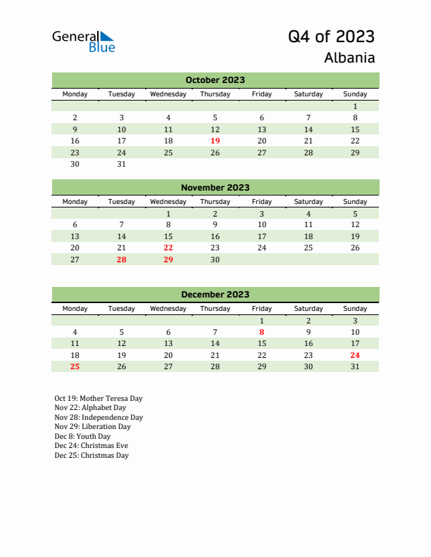 Quarterly Calendar 2023 with Albania Holidays