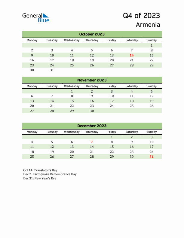 Quarterly Calendar 2023 with Armenia Holidays