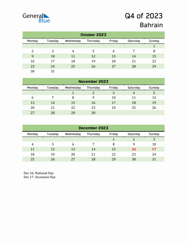 Quarterly Calendar 2023 with Bahrain Holidays