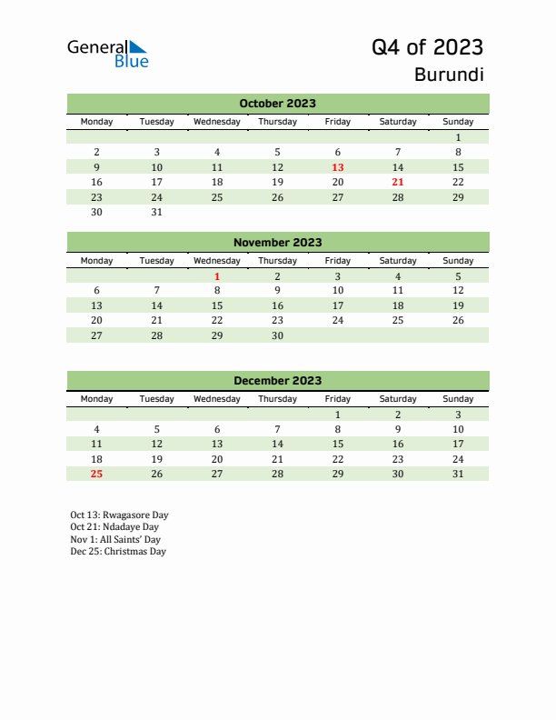 Quarterly Calendar 2023 with Burundi Holidays