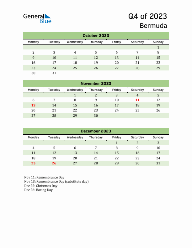 Quarterly Calendar 2023 with Bermuda Holidays