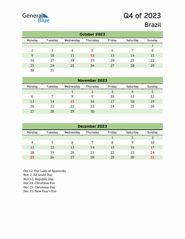 Quarterly Calendar 2023 with Brazil Holidays