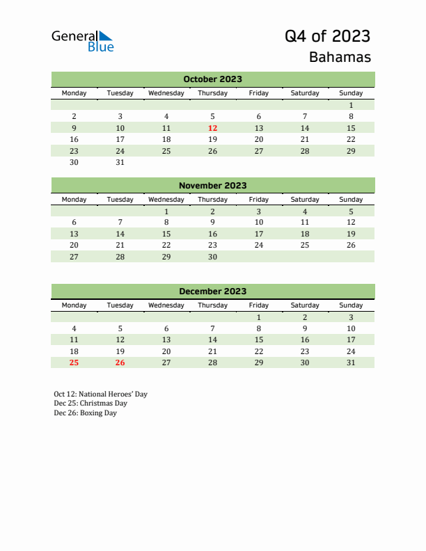 Quarterly Calendar 2023 with Bahamas Holidays