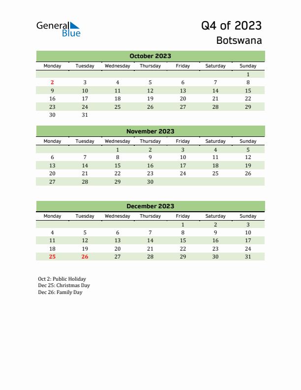 Quarterly Calendar 2023 with Botswana Holidays