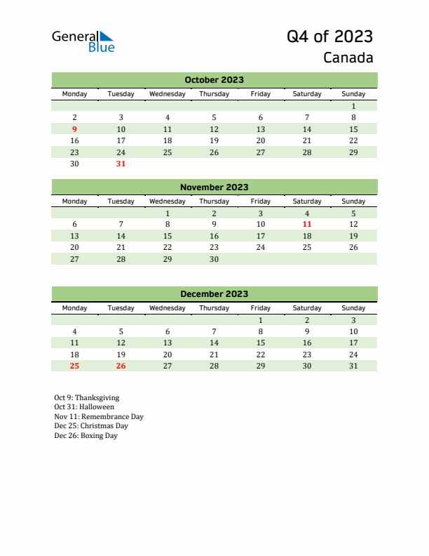 Quarterly Calendar 2023 with Canada Holidays