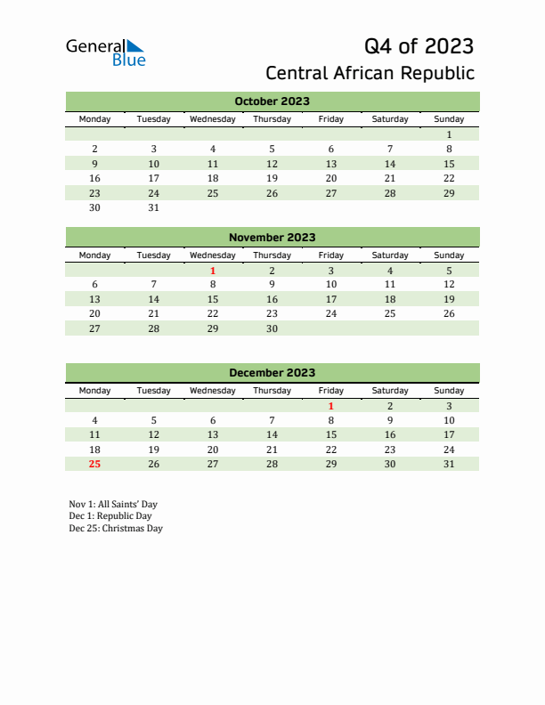 Quarterly Calendar 2023 with Central African Republic Holidays