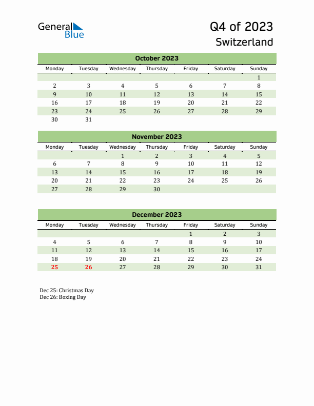 Quarterly Calendar 2023 with Switzerland Holidays