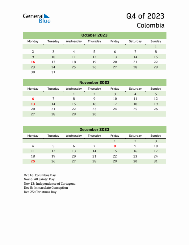 Quarterly Calendar 2023 with Colombia Holidays