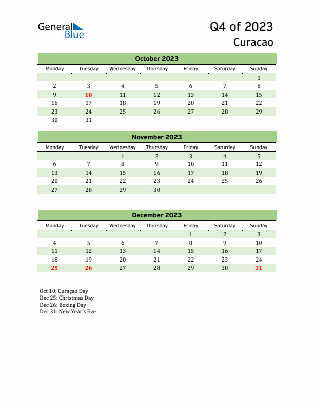 Quarterly Calendar 2023 with Curacao Holidays