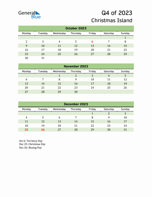 Quarterly Calendar 2023 with Christmas Island Holidays