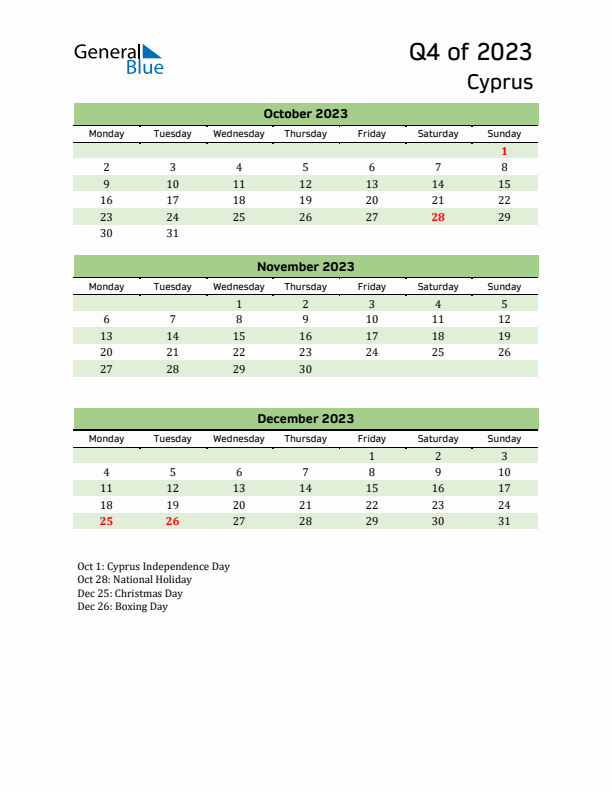 Quarterly Calendar 2023 with Cyprus Holidays