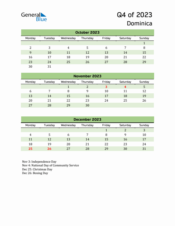 Quarterly Calendar 2023 with Dominica Holidays