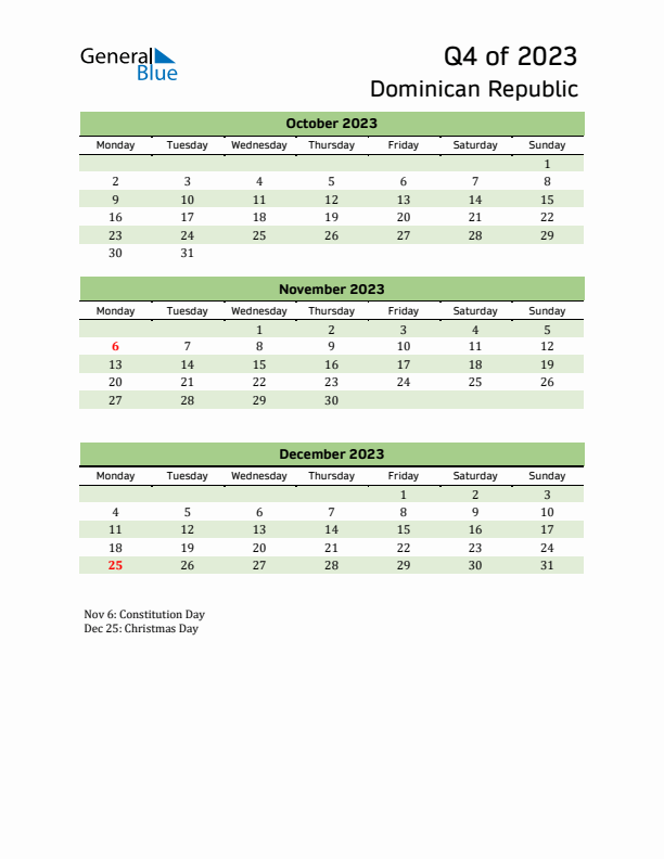 Quarterly Calendar 2023 with Dominican Republic Holidays