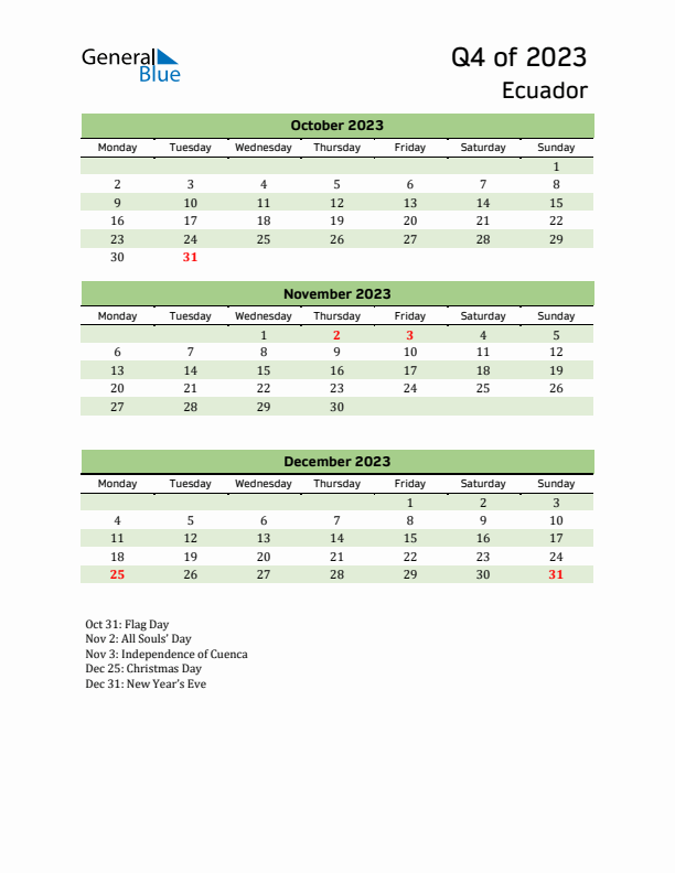 Quarterly Calendar 2023 with Ecuador Holidays